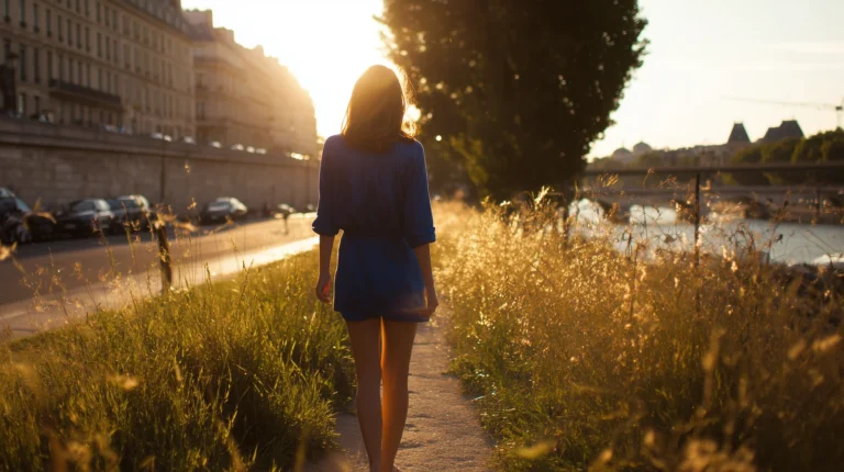Silhouette de dos sur boulevard parisien à l'heure dorée, évoquant la liberté visuelle après LASIK l'été.