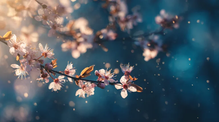 Branches de cerisier en fleurs avec pollen en suspension à l'heure dorée, contexte des allergies oculaires printanières.