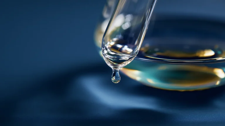 Goutte de liquide en suspension dans un flacon de laboratoire, métaphore du dépistage du glaucome chez le patient diabétique.