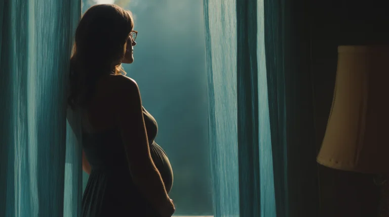Silhouette féminine enceinte de dos devant une fenêtre dorée, contexte du moment juste pour envisager un LASIK.
