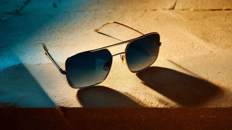 Lunettes de soleil sur grès au soleil de midi, illustrant la protection UV nécessaire contre la cataracte précoce.