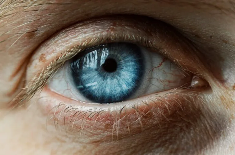 Macrophotographie d’un œil bleu : iris, pupille et vaisseaux de la conjonctive