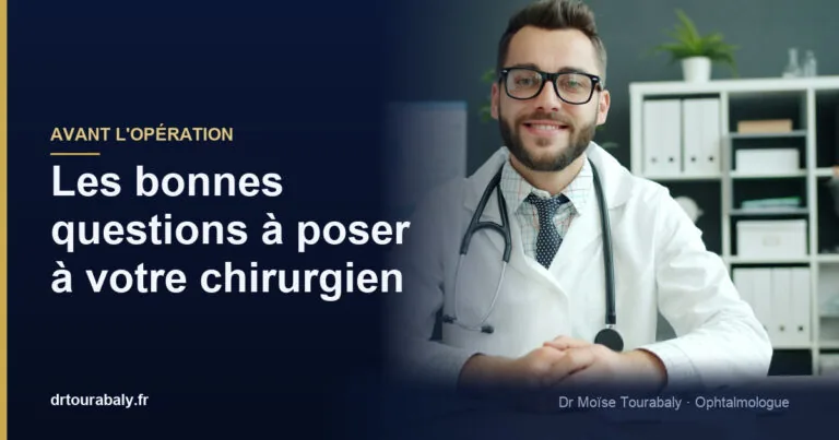 Ophtalmologue en consultation avec un patient avant une opération des yeux