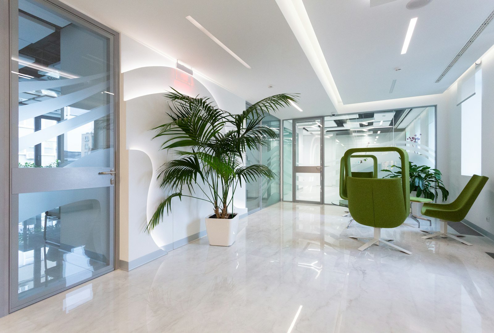 Hall d'accueil clair d'une clinique, avec fauteuils d'attente et plante verte