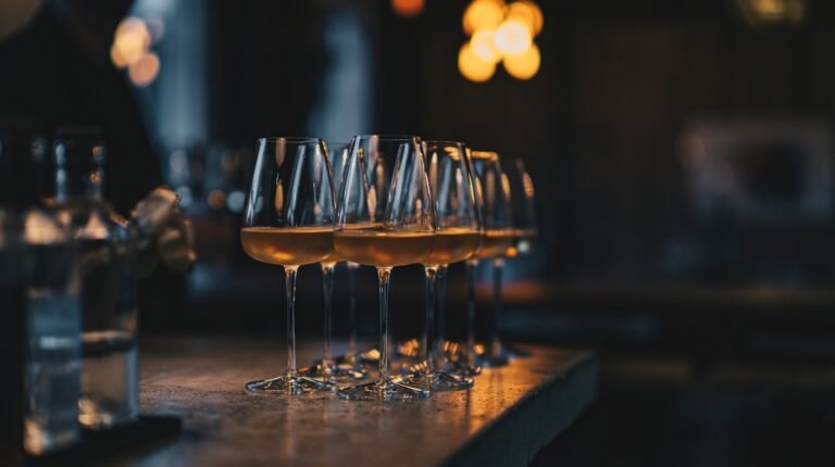 Verres alignés sur un comptoir dans une lumière tamisée