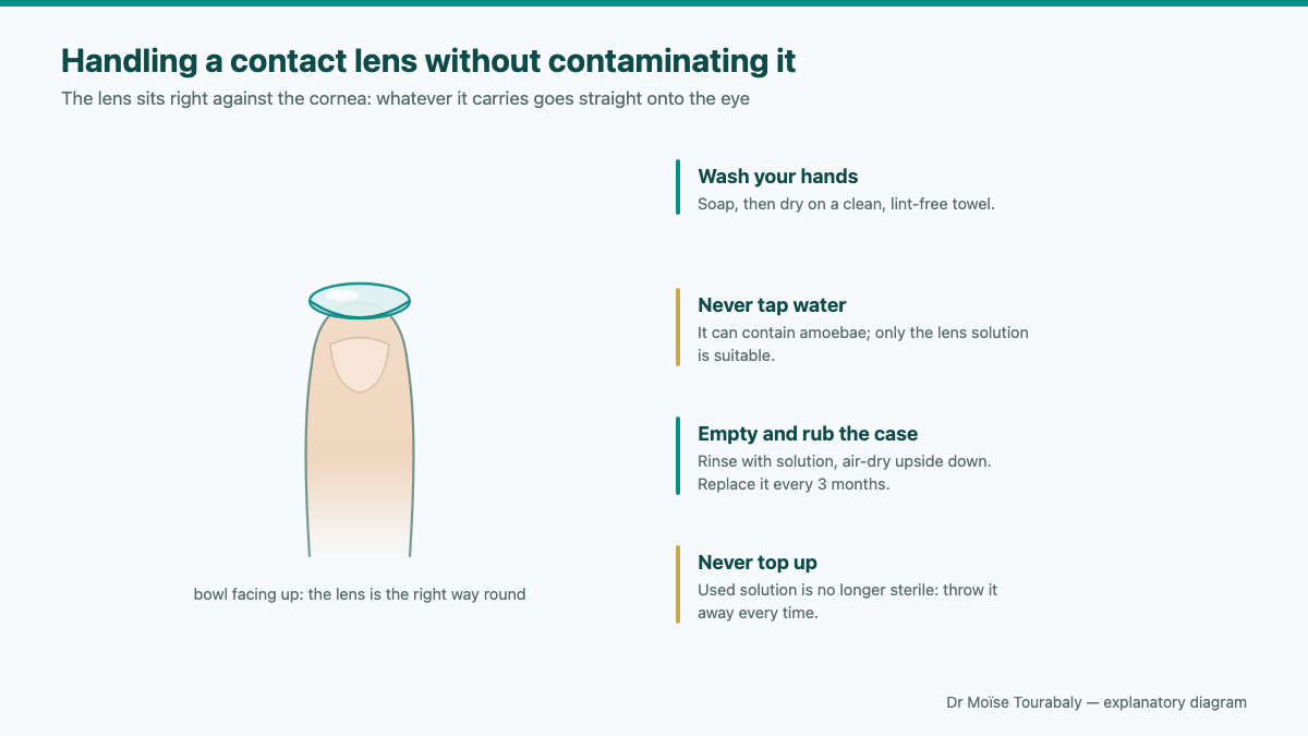 handling a contact lens on the tip of a finger