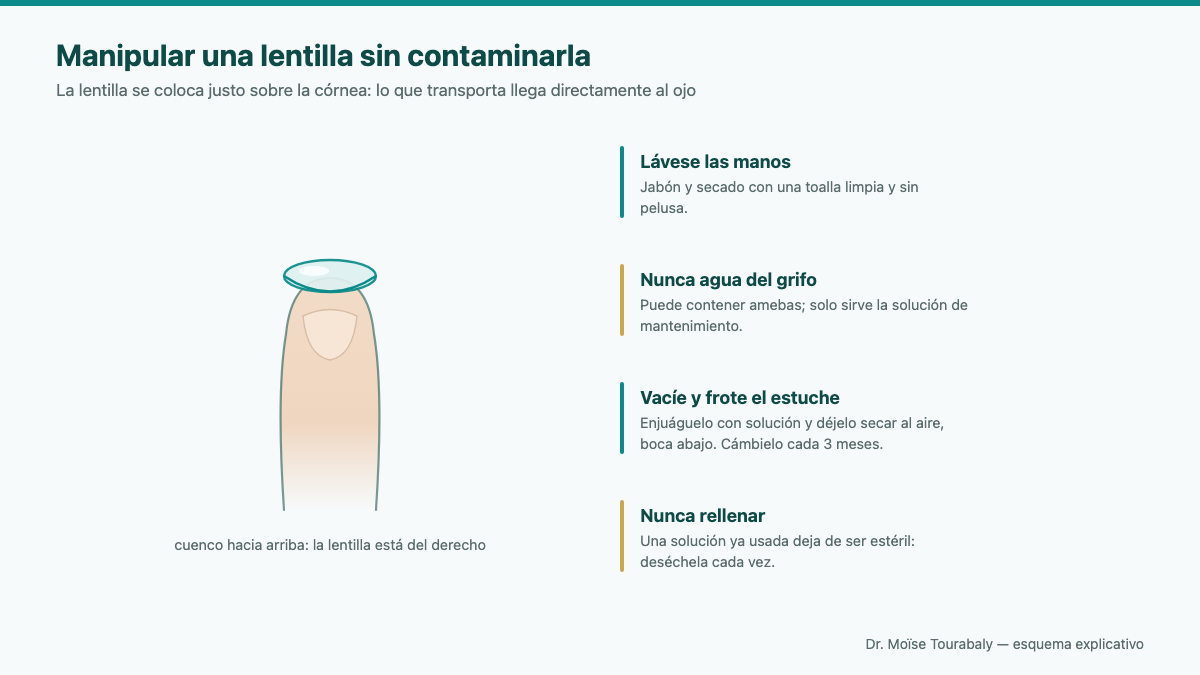 manipulación de una lentilla de contacto en la punta del dedo