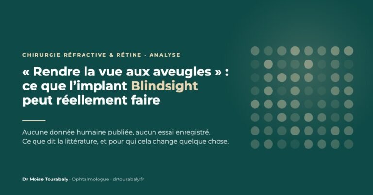 Carte éditoriale : « Rendre la vue aux aveugles » — ce que l’implant Blindsight peut réellement faire. Grille de points évoquant les phosphènes.