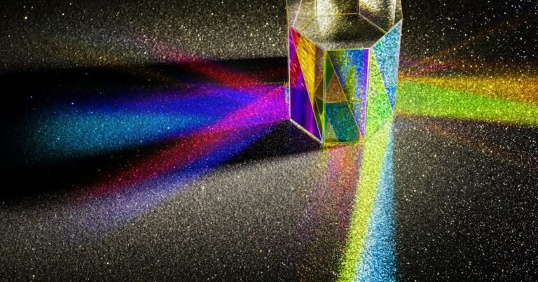 Glass prism splitting light into a rainbow