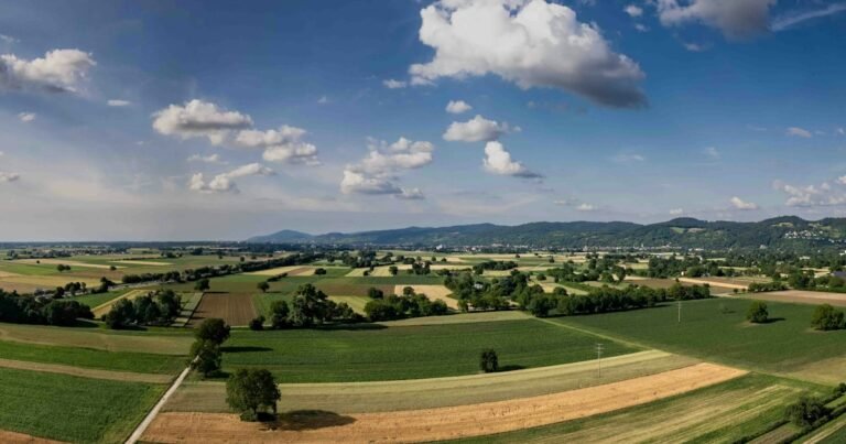 Panoramic view of rolling countryside and fields