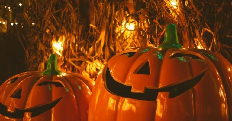 Carved Halloween pumpkins lit from inside